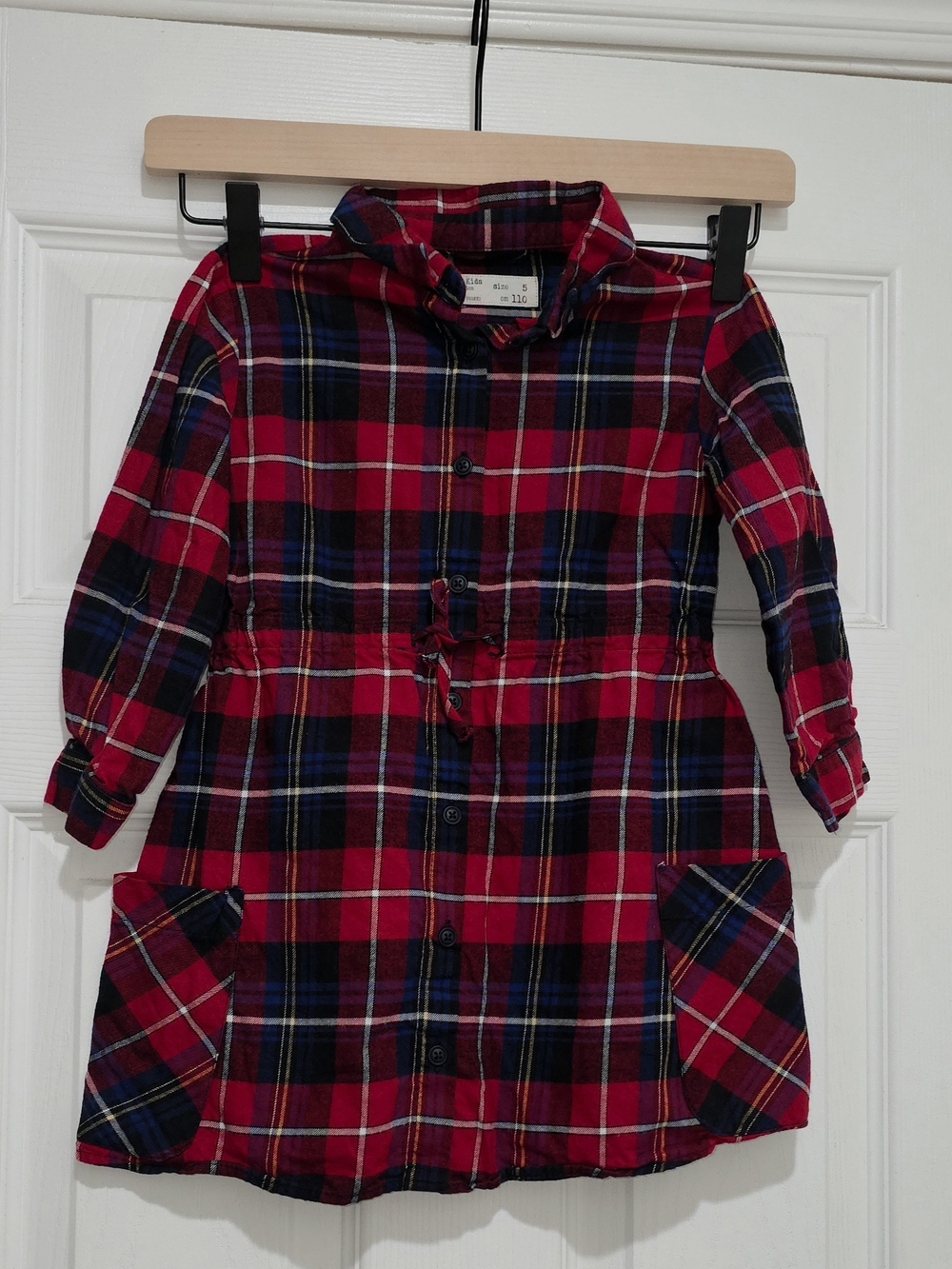 Zara Kids Red and Navy Plaid Button-Front Girls Dress, Size 5